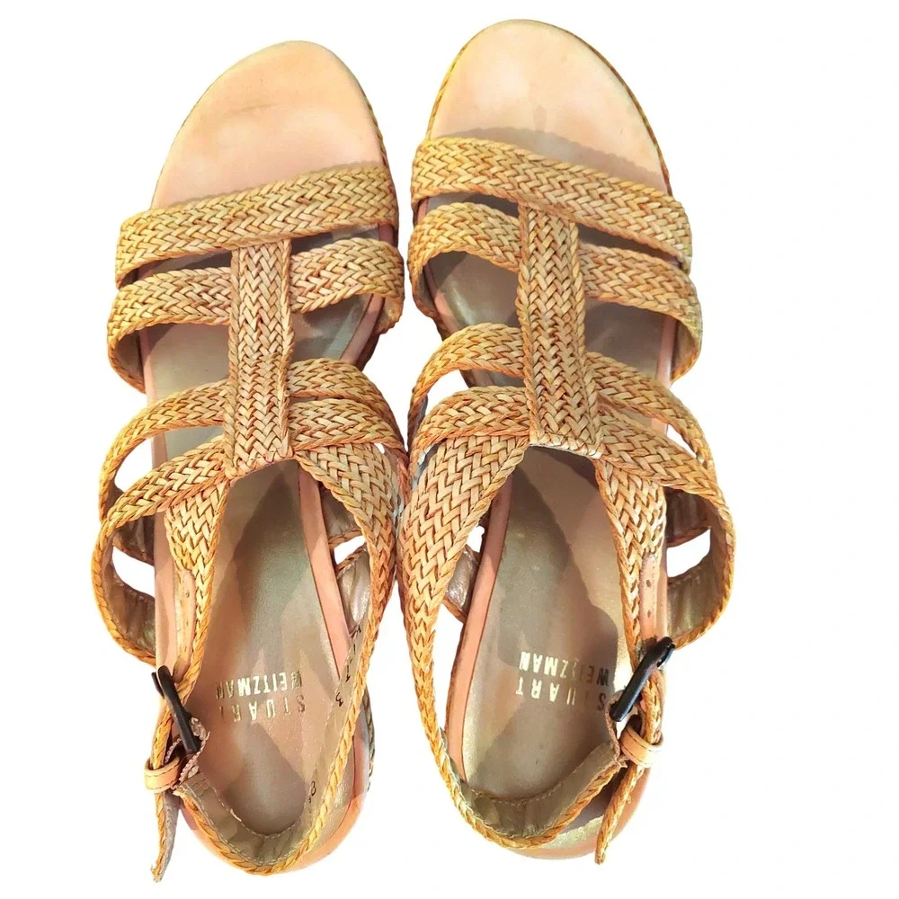 Stuart Weitzman Bohemian Tan Woven Raffia Wedge Resortwear Sandals Womens 8.5 M